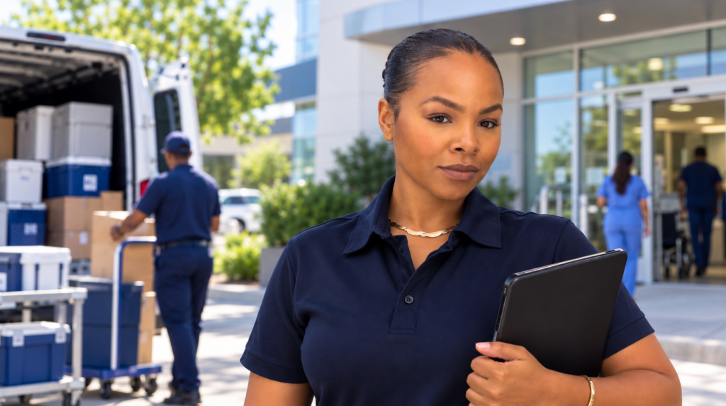 Harris Care healthcare delivery professional outside a medical facility